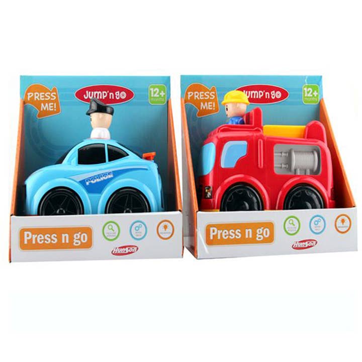 Camion de pompiers / Voiture de police à pousser, 2 modèles assortis pour la vente par Deluxe Import Trading