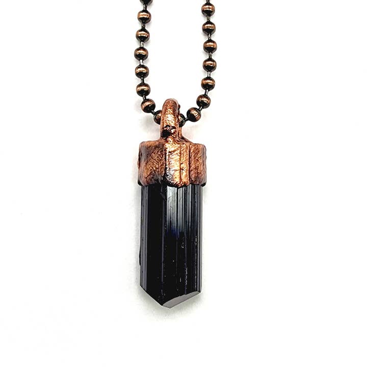 MergingMetals - Wholesale Pendant/Charm Necklace - Black Tourmaline Necklace - Antique Copper / Ball Chain