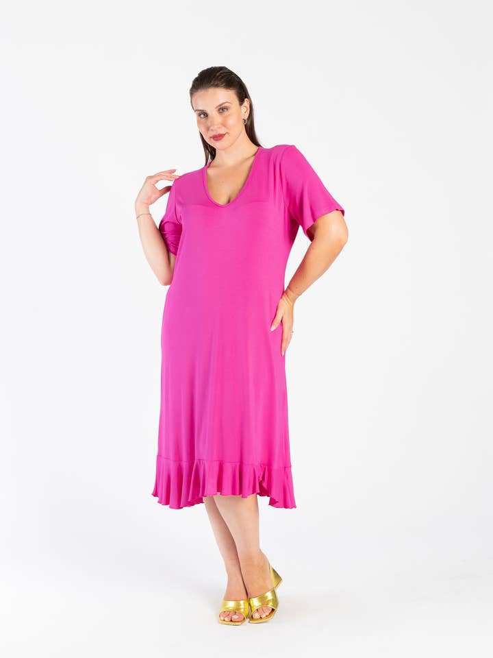 CG91936/01 Kleid aus einfarbiger Viskose V-Ausschnitt Halbarm für den Großhandel von Clara G.