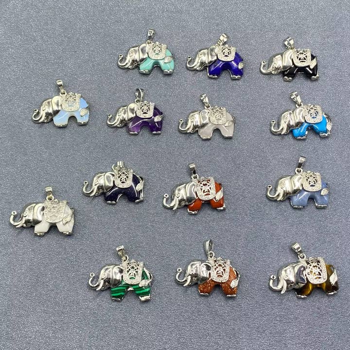 Natural Stone & Crystal Silver Tone Elephant Pendant - CS for wholesale by Mio Queena