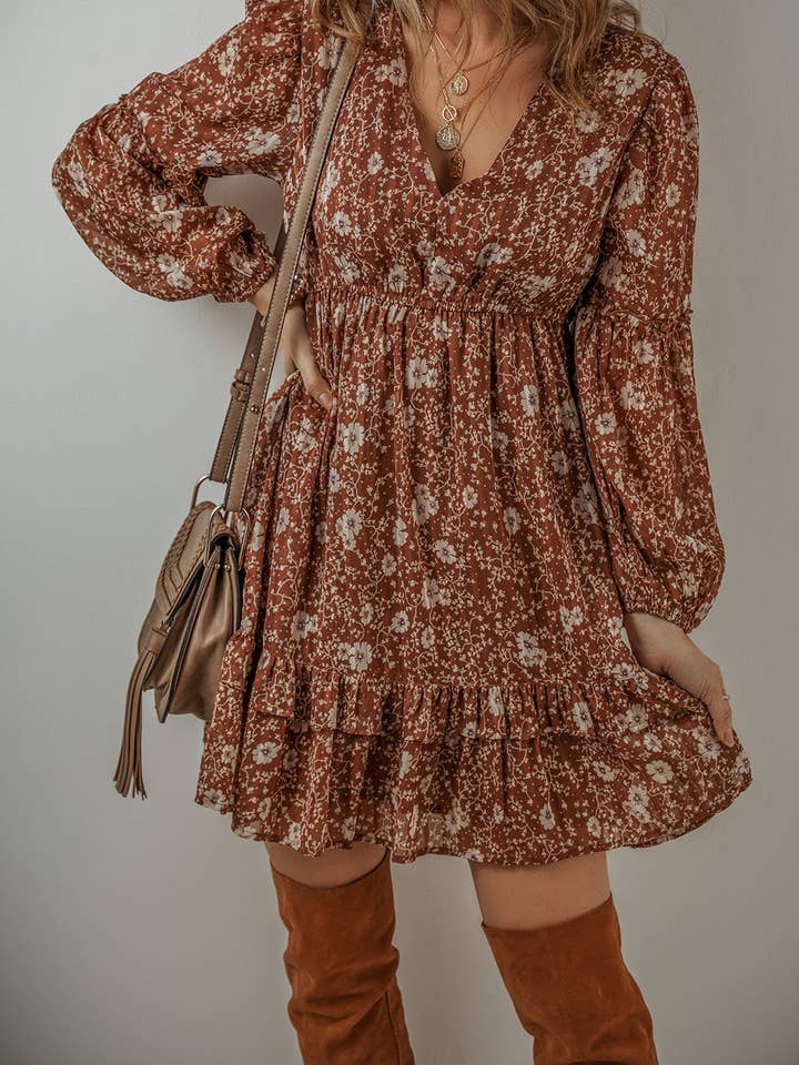 Brown Ashley Boho Floral Puff Sleeve Mini Dress for wholesale on Faire3