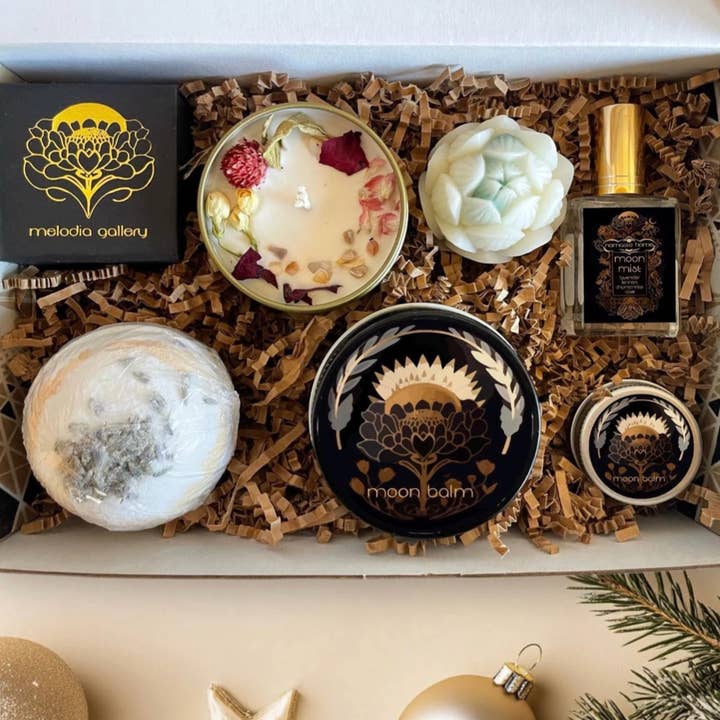 Namaste Home – wholesale Bath & body set – Moon Box Gift Set, 6 or 7 Piece Aromatherapy Set w/ Candle..0