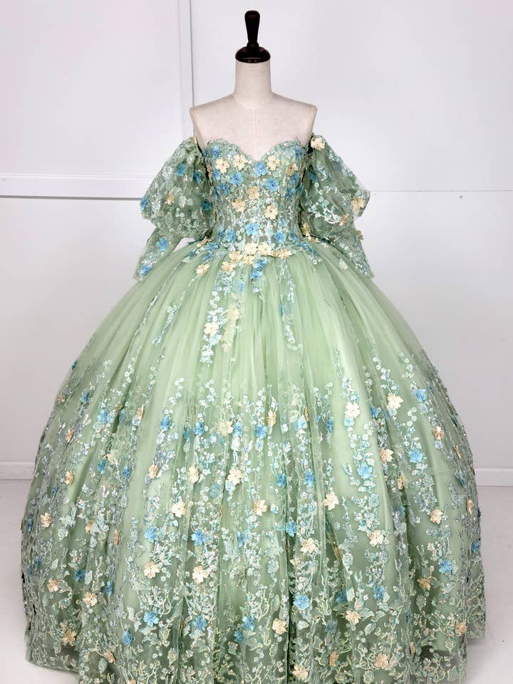 Sage Quinceanera Flower Dress With Sleeves CHF3108 for wholesale on Faire