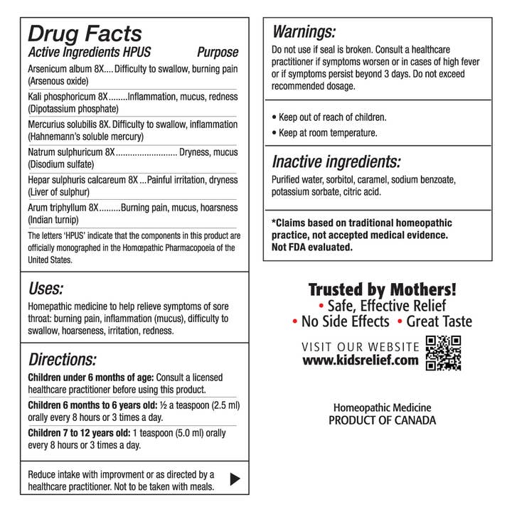 homeolab International Inc - Wholesale Oral Supplement/Vitamin - Kids Relief Throat Ease Syrup for Kids 0-12 Years, 3.4 oz5