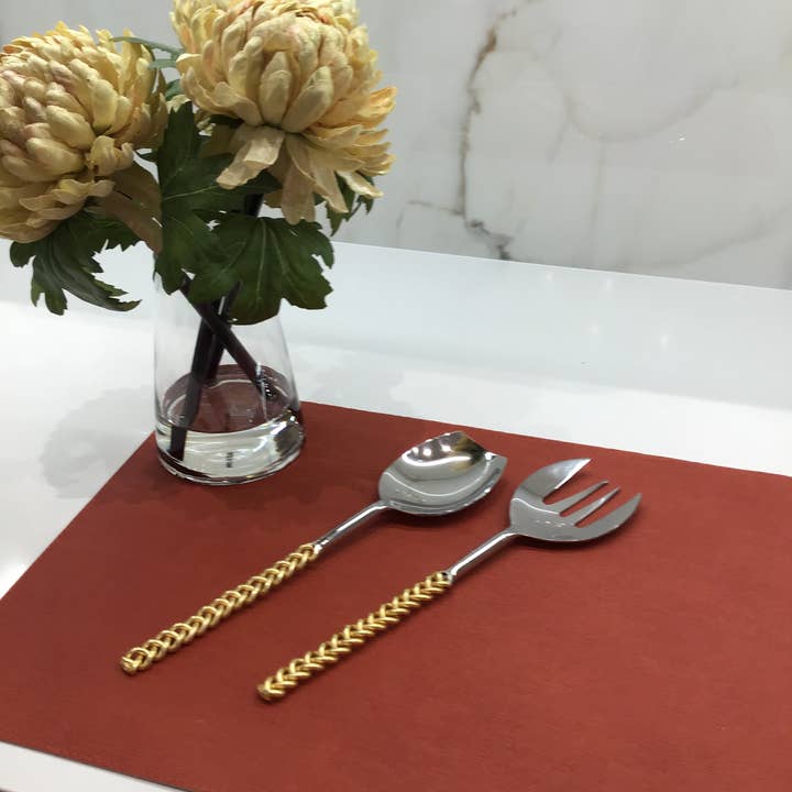 Set of 2 Salad Servers with Gold Twisted Handles for wholesale by CLASSIC TOUCH DECOR INC.