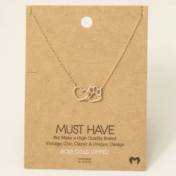 Fame Accessories - Wholesale Pendant/Charm Necklace - Gold Dipped Dog Paw Heart Cutout Pendant Necklace