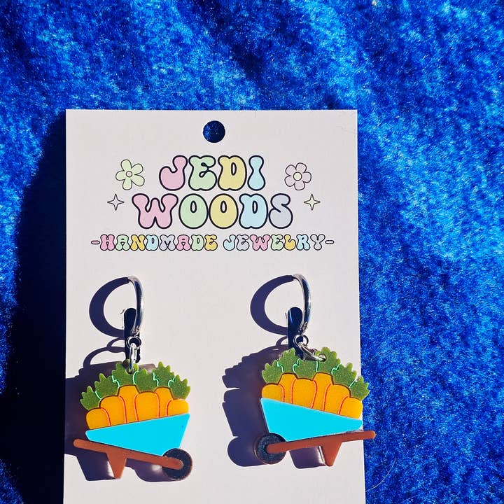 Wheelbarrow Of Carrots Novelty Earrings for wholesale by Jedi Woods LLC