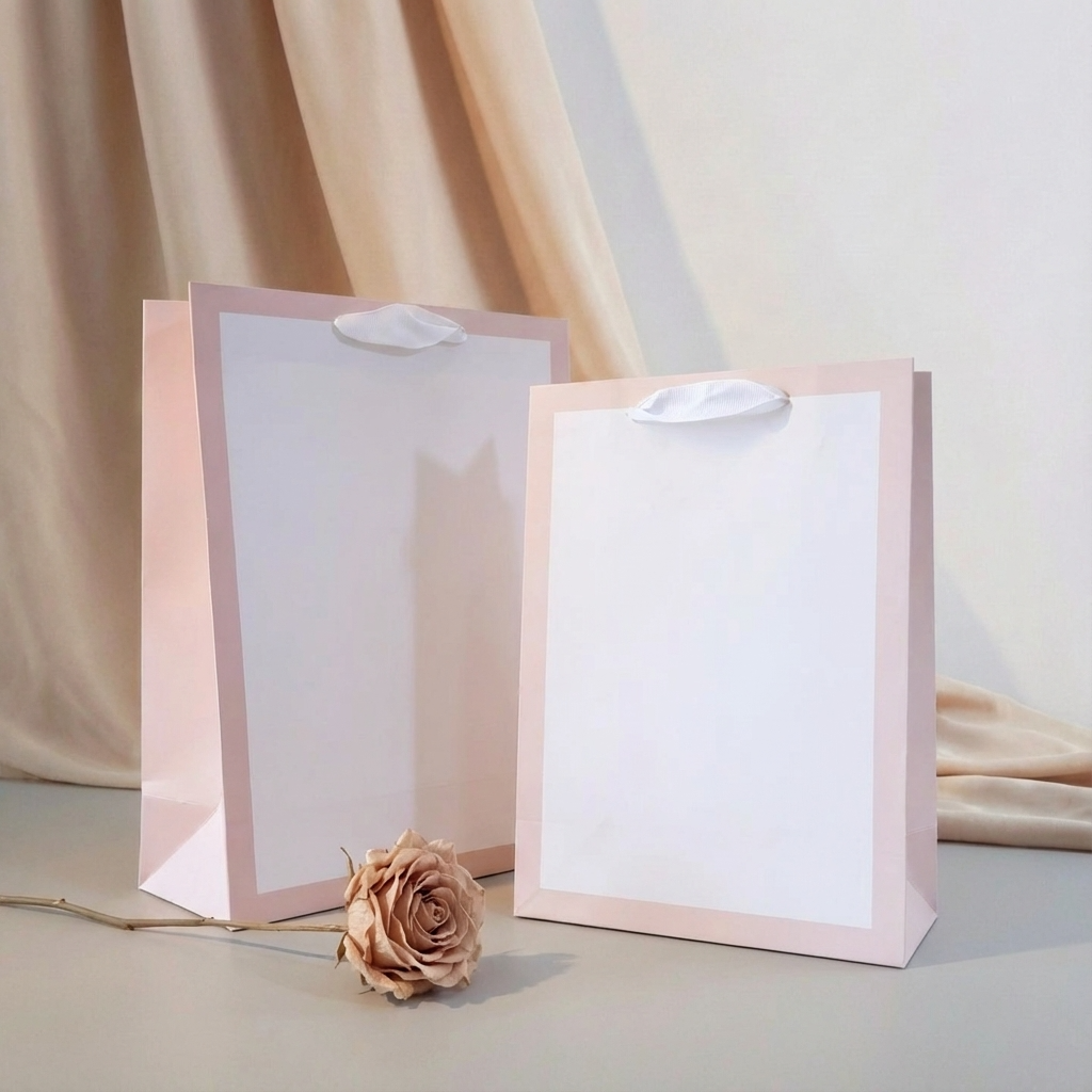 ByHome - Vendita all'ingrosso Buste regalo - 24 pezzi, Borsa regalo bianca con soffietto e bordo rosa pastello con carta velina6