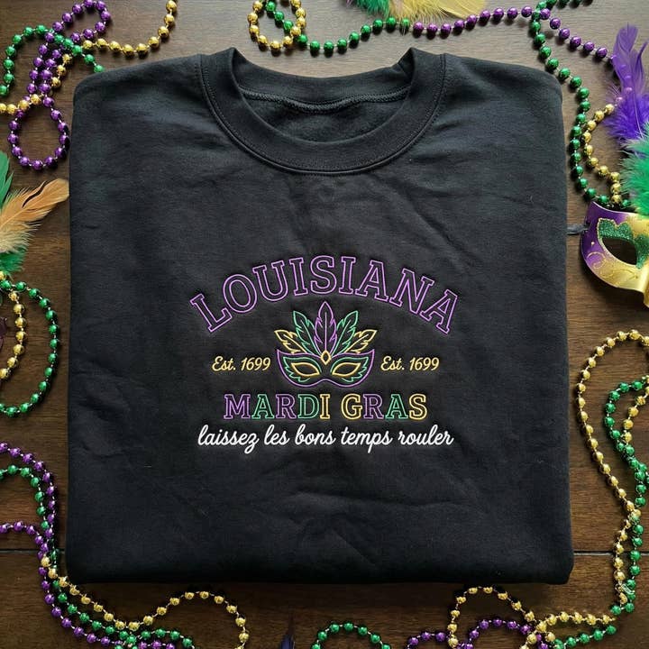 Embroidered Louisiana Mardi Gras Sweatshirt, Fat Tuesday Tee for wholesale by ClevorFit