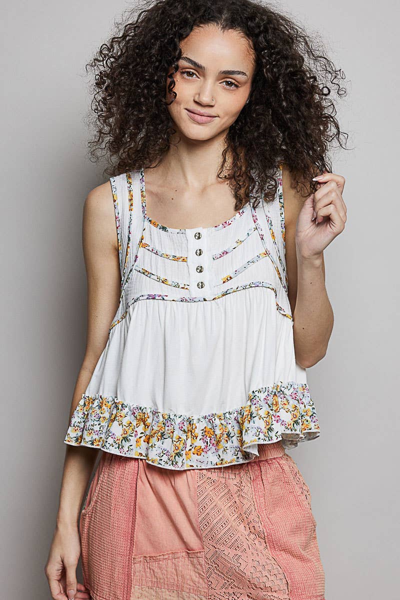 Pol Clothing - Wholesale Tank Top - Women's - Square Neck Soft POL Jersey Floral Trim Boho Tank Top16