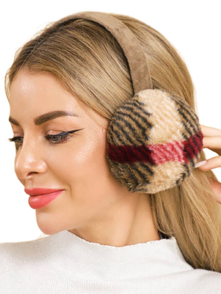 Set of 12 beige Plaid Faux Fur Earmuffs for wholesale by Embellish Your Life
