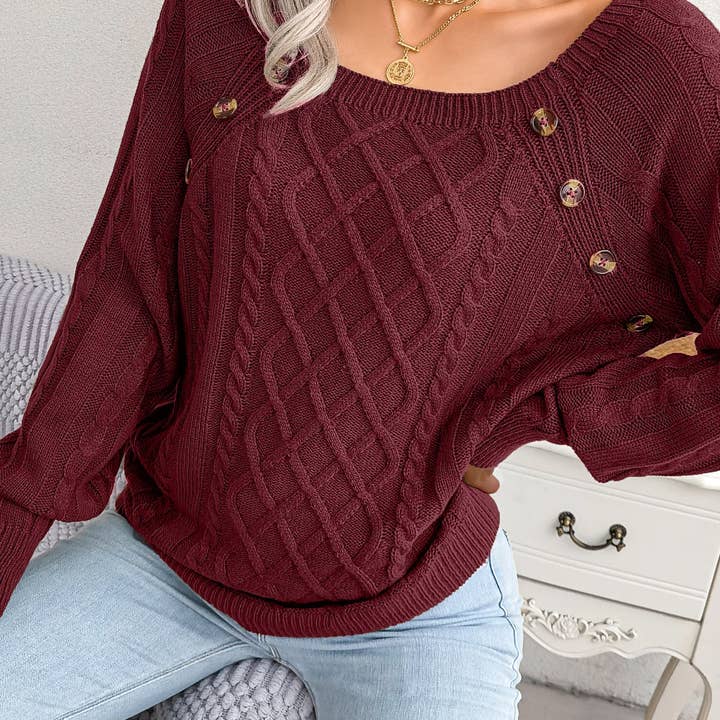 Suhkasana - Wholesale Knitted jumper – Women′s - Fall Winter Casual Square Neck Button Detail Cable Knit Swea38