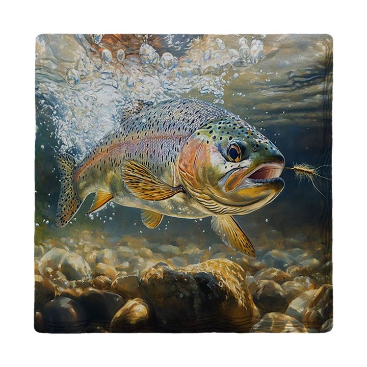 Mill Wood Art - Wholesale Coasters - Rainbow Trout Chasing Fly | Drink Coaster | Absorbent Ridged Ceramic