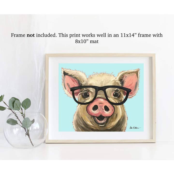 Hippie Hound Studios - Wholesale Art Print - Farm Animal Prints, 'Posey' with Glasses Pig Art Print