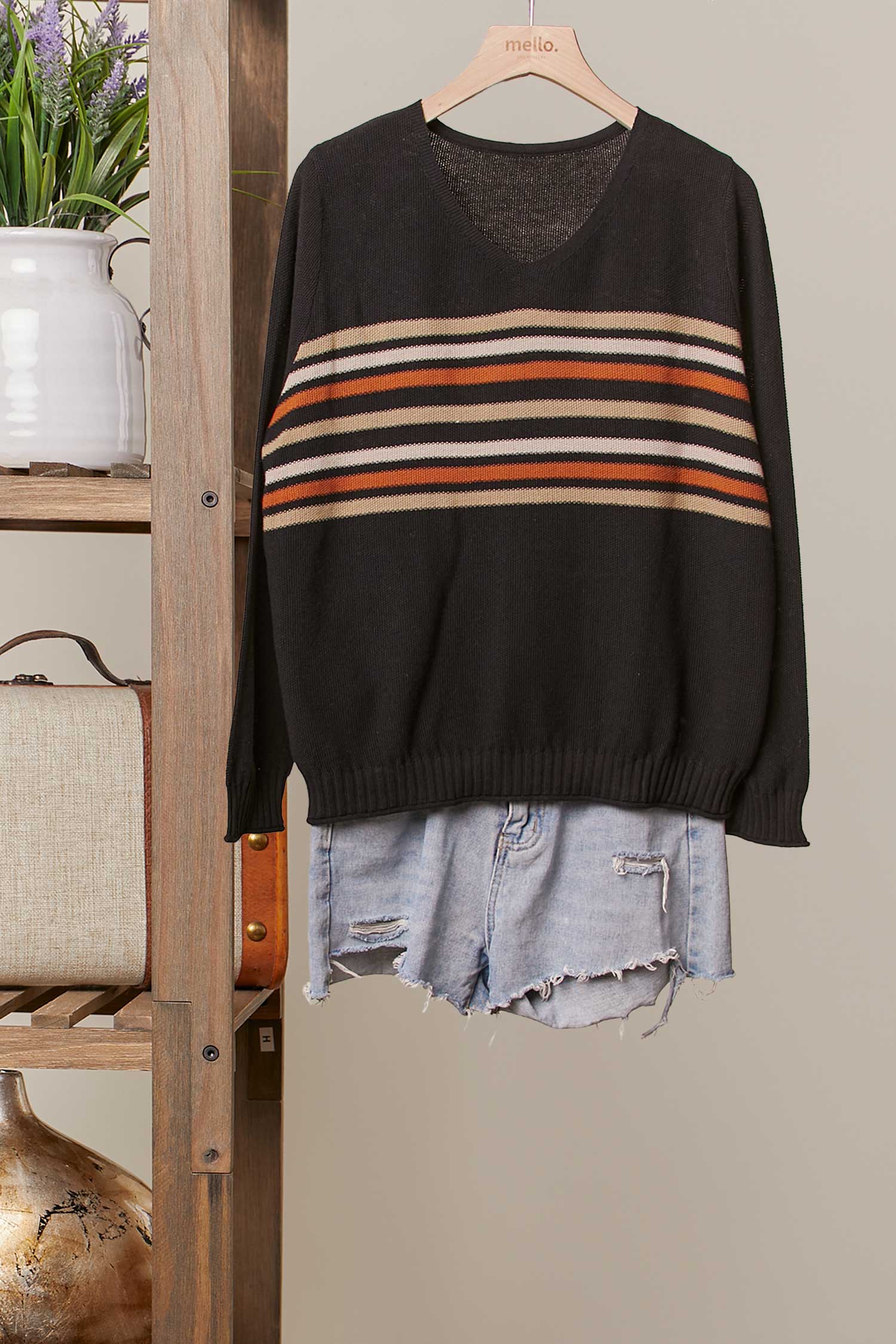 Mello. - Vente Pull en maille – femme - Pull léger en maille rayée10