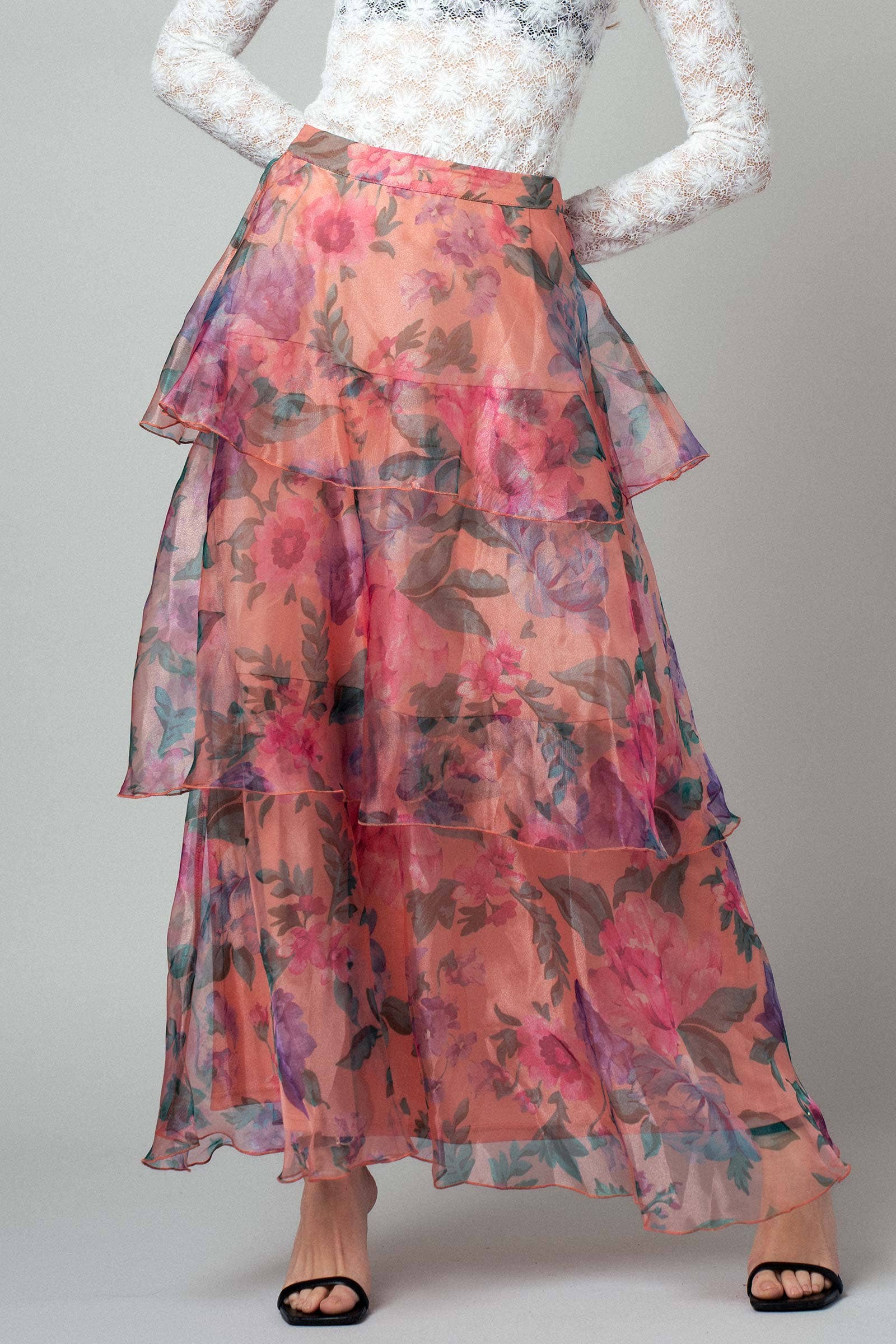 PEACH MULTI Sheer Floral Print Tiered Organza Maxi Skirt for wholesale on Faire11