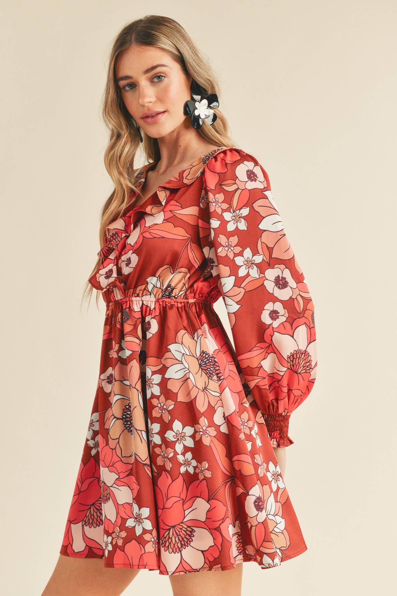 BRICK MULTI FLORAL EXCLUSIVE PRINT RUFFLE TRIM MINI DRESS MDR2675 for wholesale on Faire2