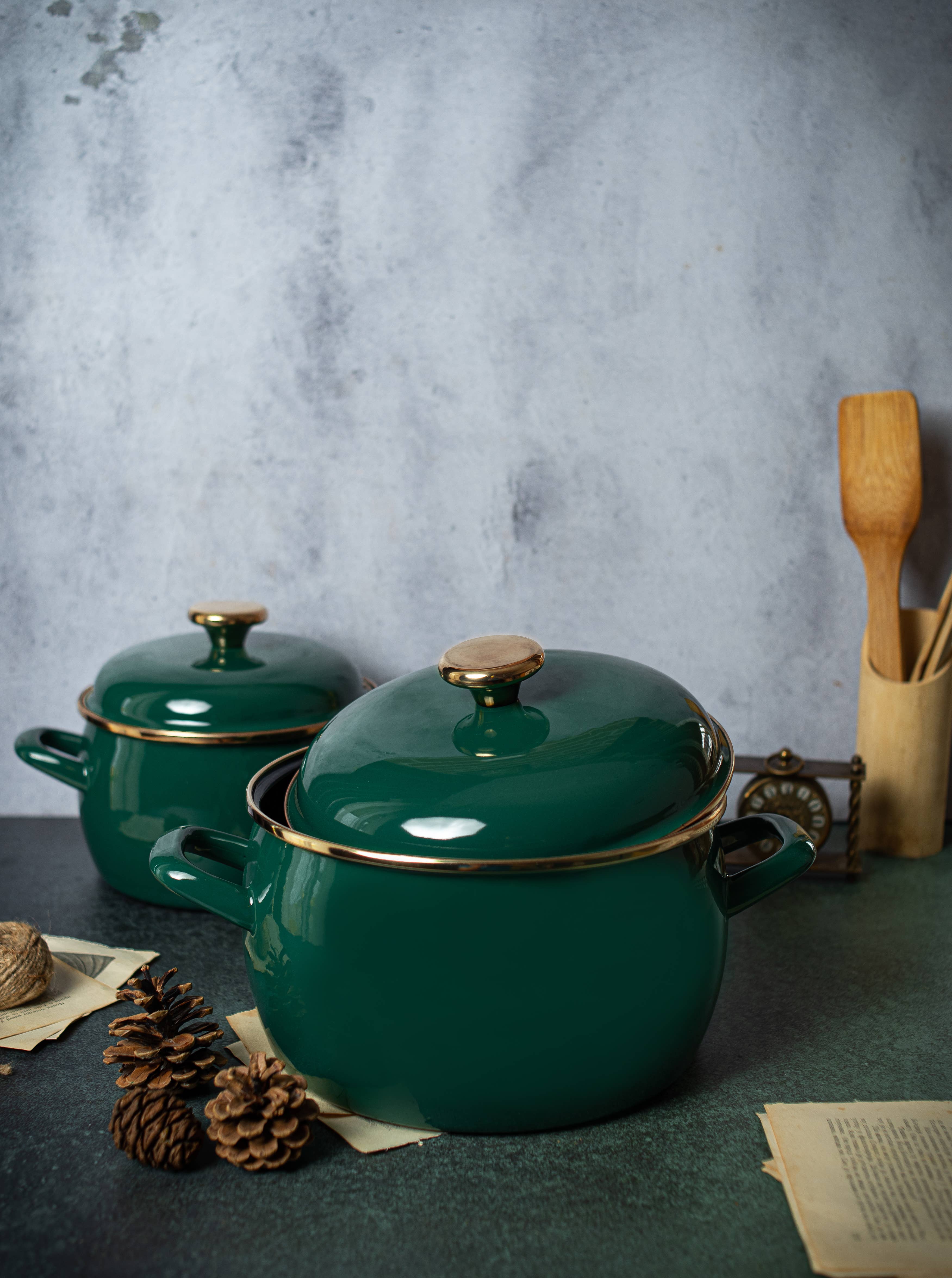Metalac Enamelware – Panela por atacado – Panela Esmaltada com Tampa Esmaltada, 7,5L, Coleção Verde Escuro2