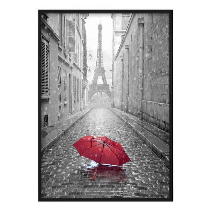 Photo de la Tour Eiffel de Paris en noir et blanc avec un parapluie rouge pour la vente par Artze Wall Art
