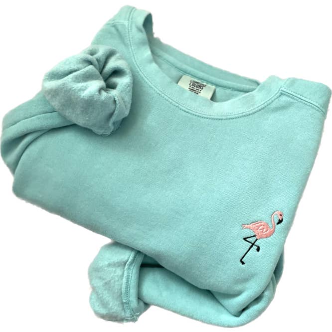 Embroidered Flamingo Garment Dyed Crewneck Sweatshirt for wholesale by Custom Cuties
