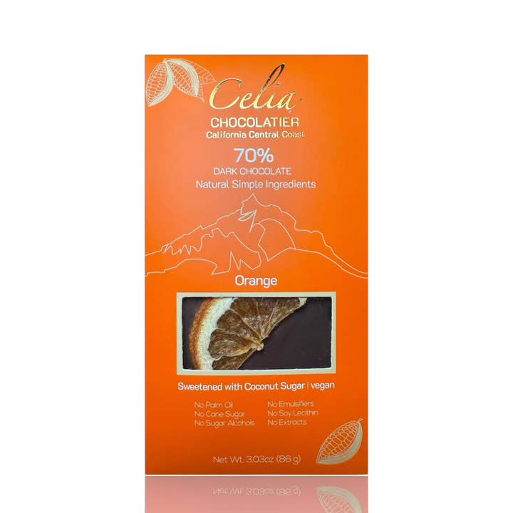 CELIA CHOCOLATIER - Wholesale Chocolate Bar - 70% Dark Chocolate Orange Bar| Coconut Sugar | Ecuador Beans1