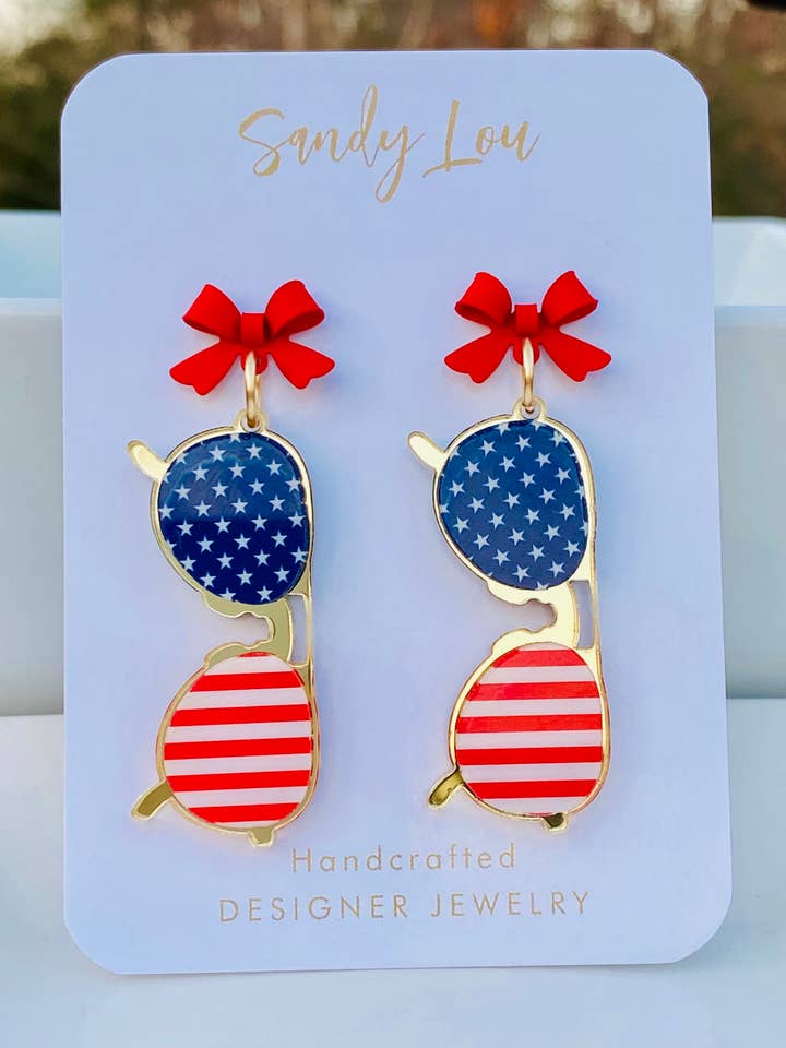 Patriotic American Sunglass Bow Earrings for wholesale by Sandy Lou Designs