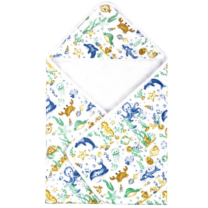 Bamboo Terry Muslin Baby Hooded Towel Seaworld for wholesale by Kloud Bambu | Bamboo Towels & Blankets