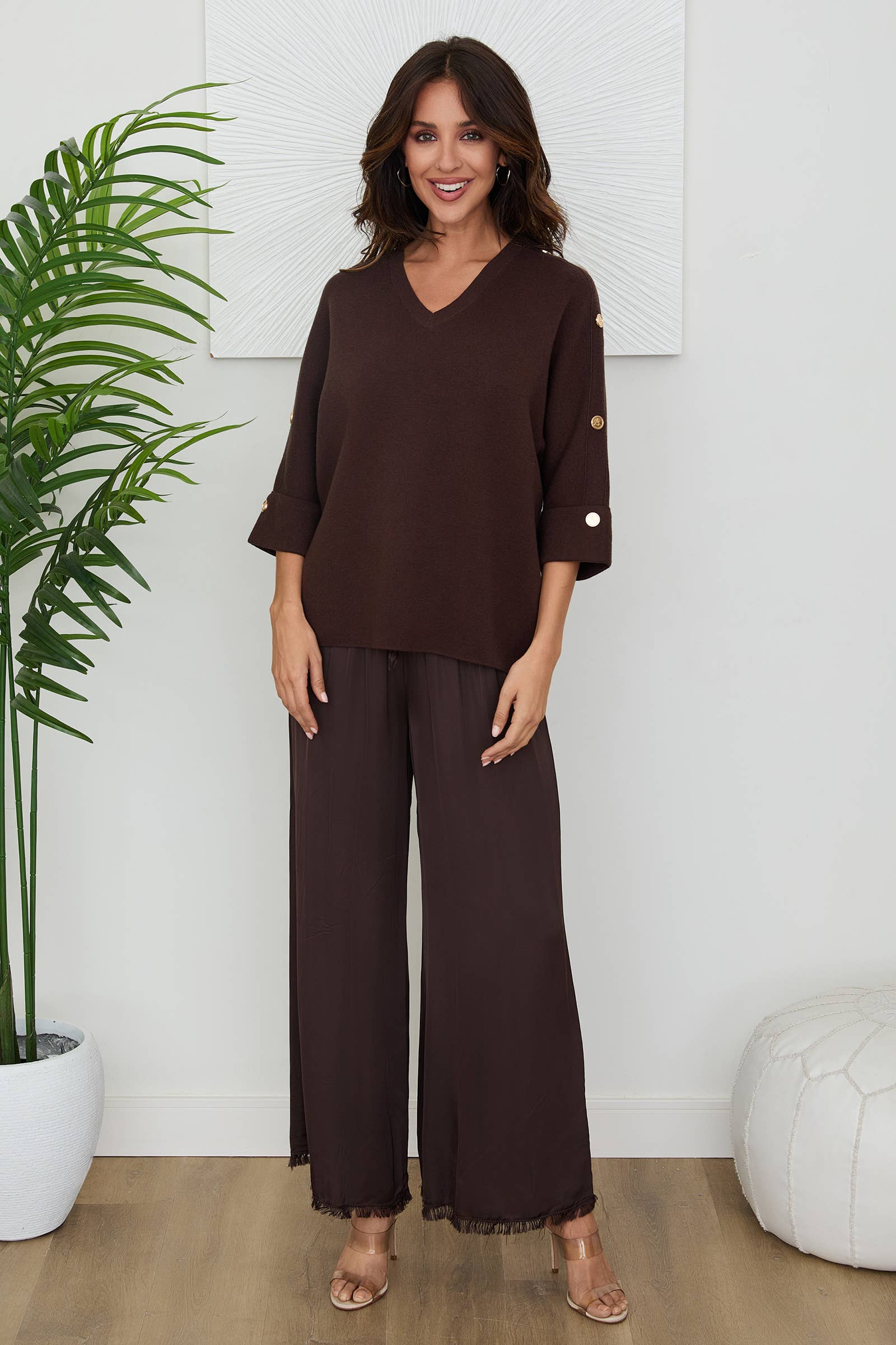 VENTI6 - Vendita all'ingrosso Pantalone - Donna - PANTALONI A GAMBA LARGA CON ORLO A FRANGE IN SETA ITALIANA (6109)8