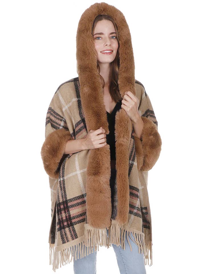 Grigio Poncho con cappuccio Ruana a silhouette aperta in stile eschimese scozzese in vendita all'ingrosso su Faire16