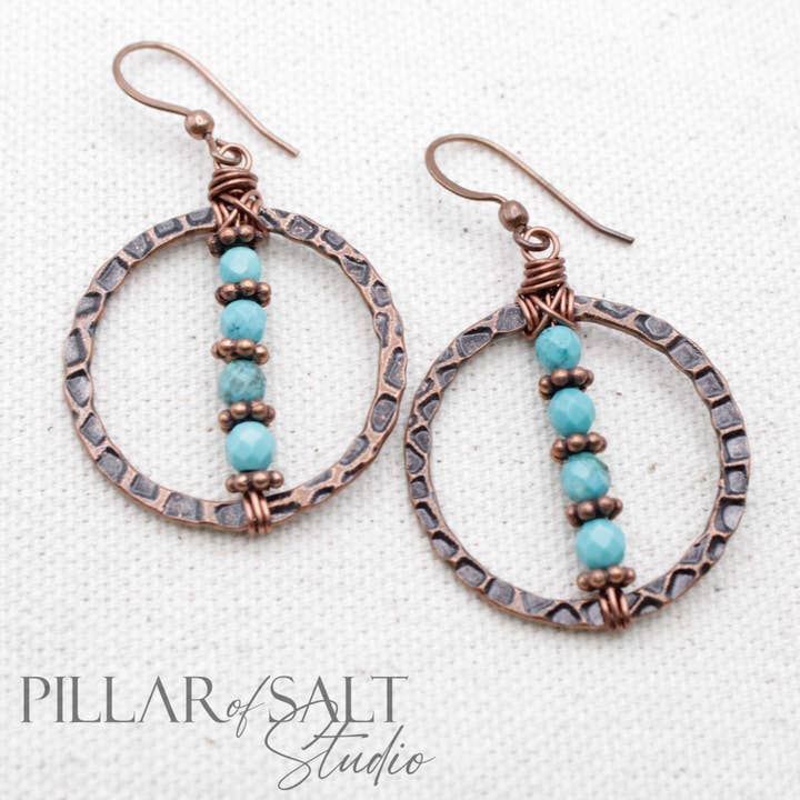 Pillar of Salt Studio - Wholesale Dangle Earrings - Copper Hammered Circle with Turquoise Handmade Earrings0