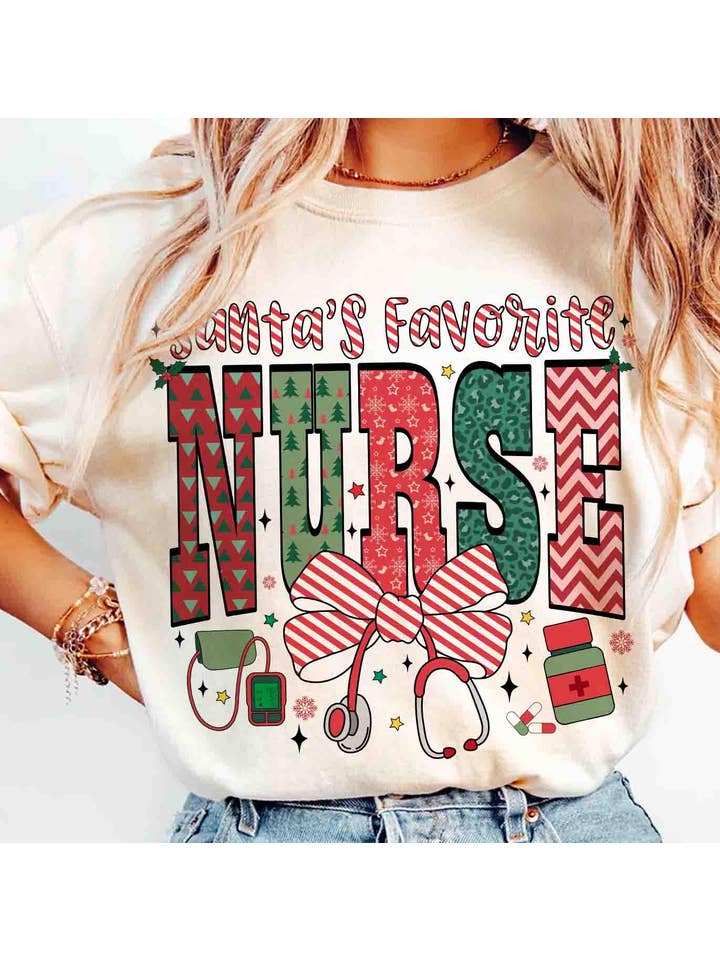 NVC Ecommerce LLC – wholesale T-shirt (graphic) – women's – Santa’s Favorite Nurse Shirt, Christmas Nurse Sweater4
