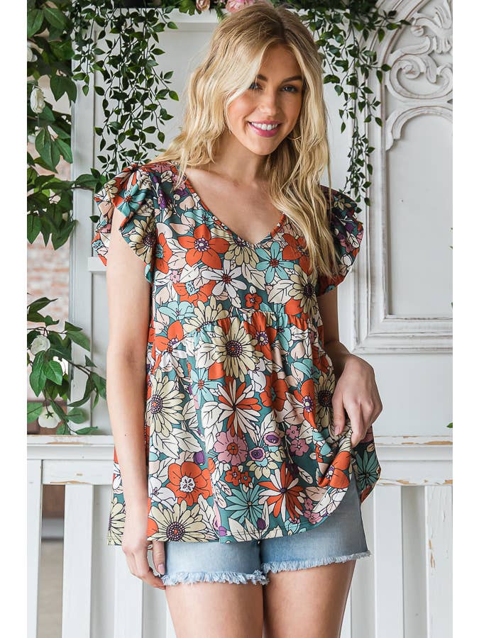 7th Ray - Vendita all'ingrosso Camicetta - Donna - Top a maniche svolazzanti con stampa floreale multicolore Baby Doll T516515