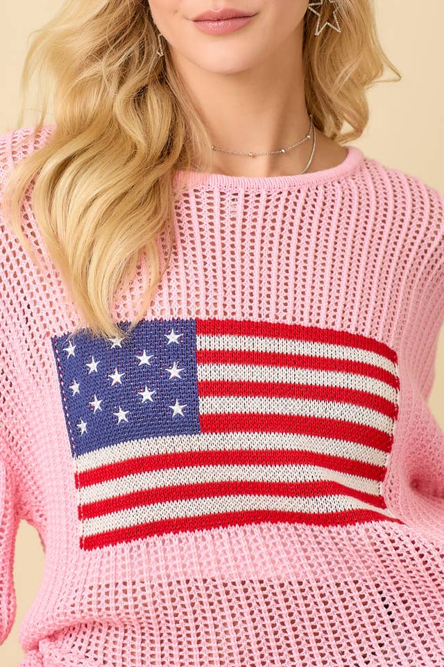 Main Strip - Wholesale Knit Top - Women's - 4th of July Boat Neck Crochet Sweater Knit Top