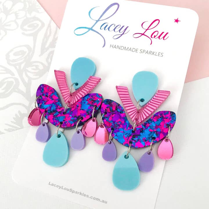 Blue Multicolour Chandelier Dangles - Statement Acrylic Earrings for wholesale by Lacey Lou Sparkles