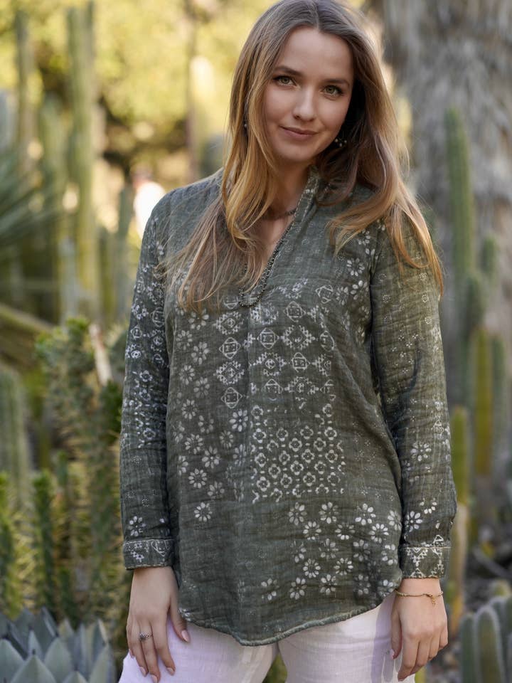Dolma - Wholesale Blouse - Women's - Jemima Double Gauze Block Printed Top Olive-Silver