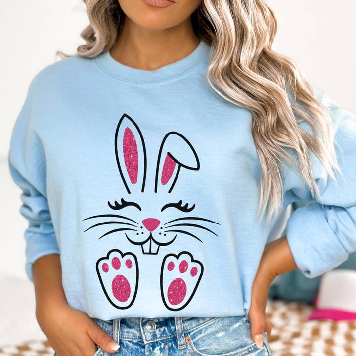 Easter bunny women's graphic sweatshirt, faux pink glitter for wholesale by ATTA TOOD LLC