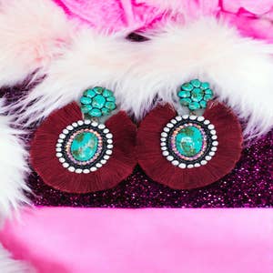 Turquoise Posts, Oval Conchos, Spindly Fringe Earrings - Jewelry Lady Red  River