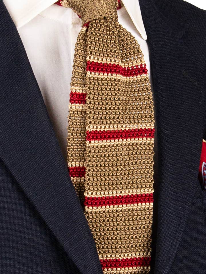 Beige Knitted Silk Tricot Tie with Light Beige Bordeaux Stripes TRI794 for wholesale by Graffeo Cravatte