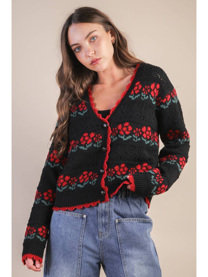 VERY J - Wholesale Cardigan - Women's - 12W3524N-Floral Graphic Detail Knit Sweater Cardigan1