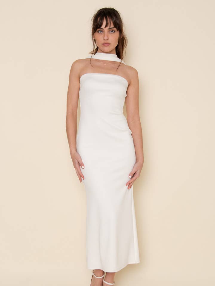 White ELEGANT BRIDAL HALTER NECK OPEN BACK MIDI DRESS-DD9945FO for wholesale on Faire