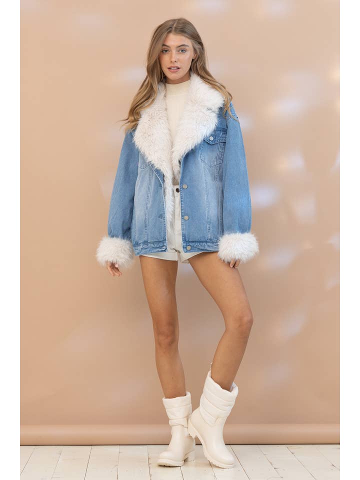 17576J - Fur Collard Cuff Over sized Washed Denim Jacket for wholesale on Faire4