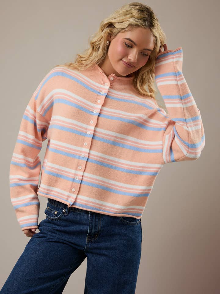 ROLL HEM BUTTONS DETAIL STRIPED CARDIGAN for wholesale by LE LIS