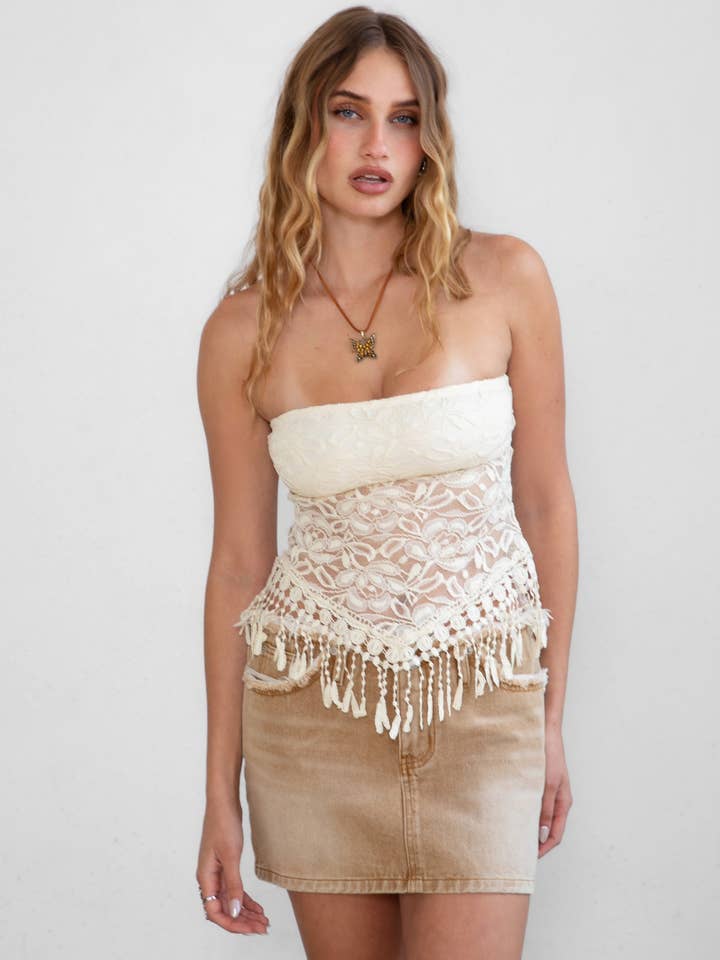 WILDER Floral Lace Fringe Strapless Bandeau Top for wholesale by TICTOC
