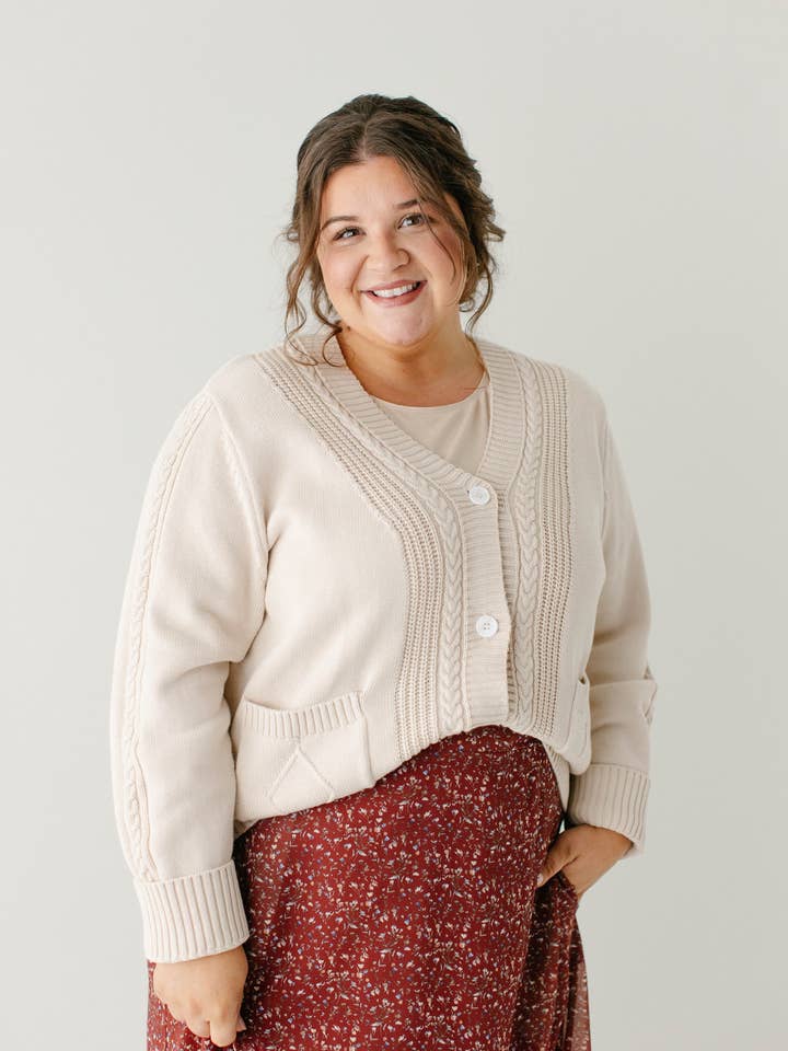 Cream 'Blaine' Cable Knit Detail Cotton Cardigan for wholesale on Faire18