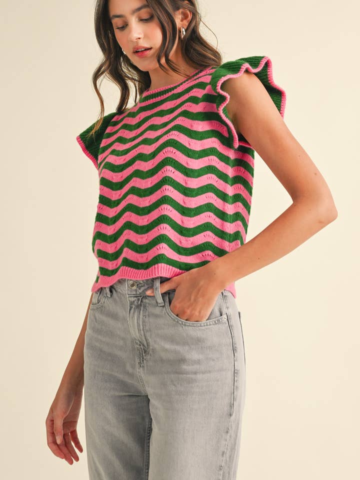 &MERCI - Wholesale Knit Sweater - Women's - WAVY STRIPES FLUTTER SLEEVE SWEATER TOP MSW1050938