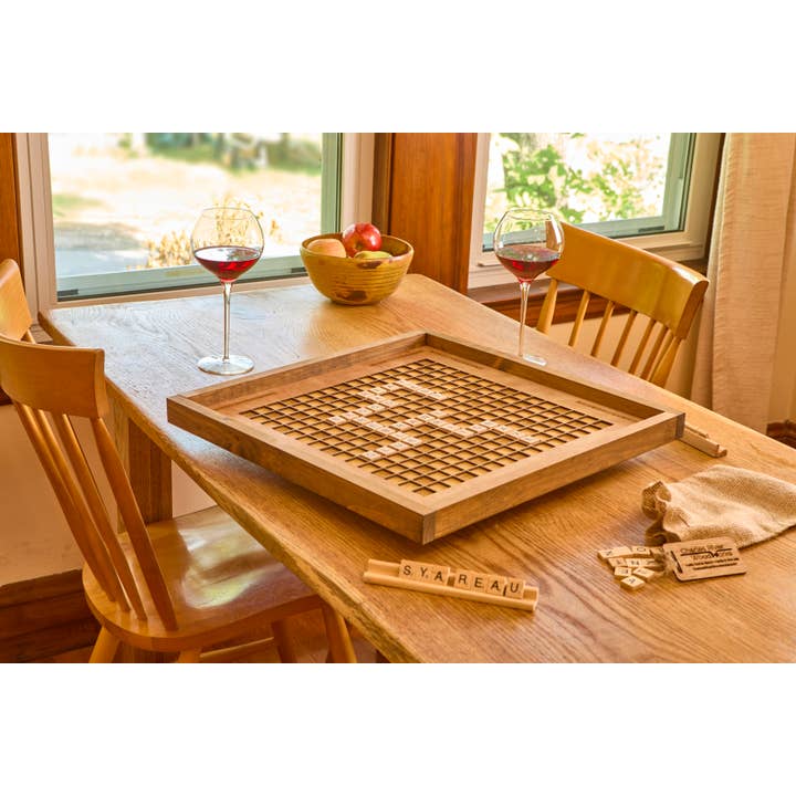 Rustic Wooden Scrabble Board with Rotating Lazy Susan - letter tiles and tile holders included. for wholesale by Charles River Woodworks