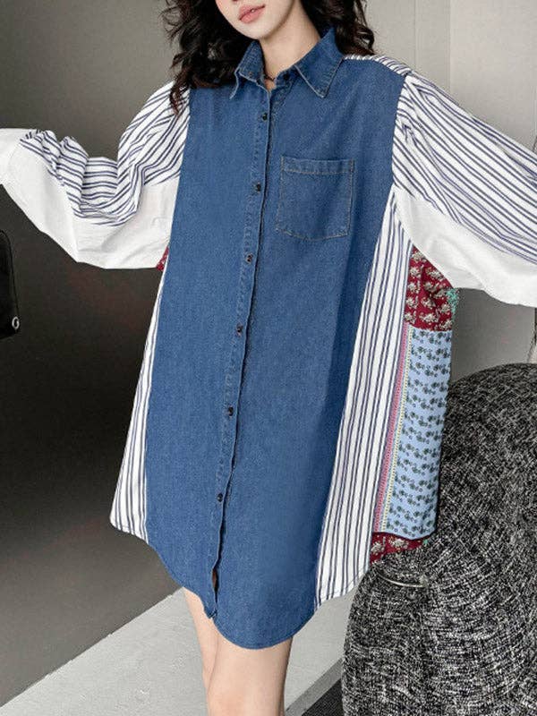 Sheer Trend - Vente Chemise à col boutonné – femme - Blouses et chemises à revers rayés à manches longues, amples et boutonnées, poches de couleur contrastante5