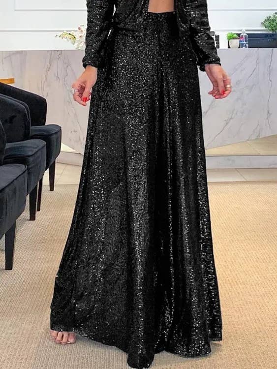 Rosa Clothing - Wholesale Pants - Women's - High-Rise Shiny Party Sequin Wide-Leg Pants