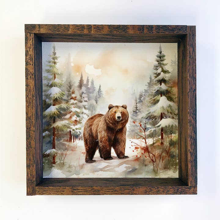 Winter Watercolor Bear in Pines - Bear Canvas Art - Framed for wholesale by Hangout Home