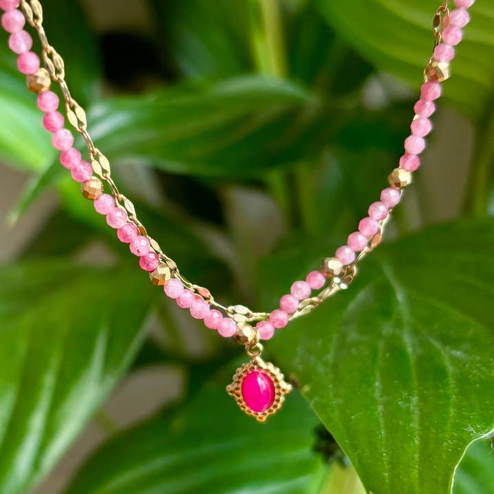 18ct Gold Plated Pink Quartz Beads Gold Chain Bracelet for wholesale by Ocean Ripples